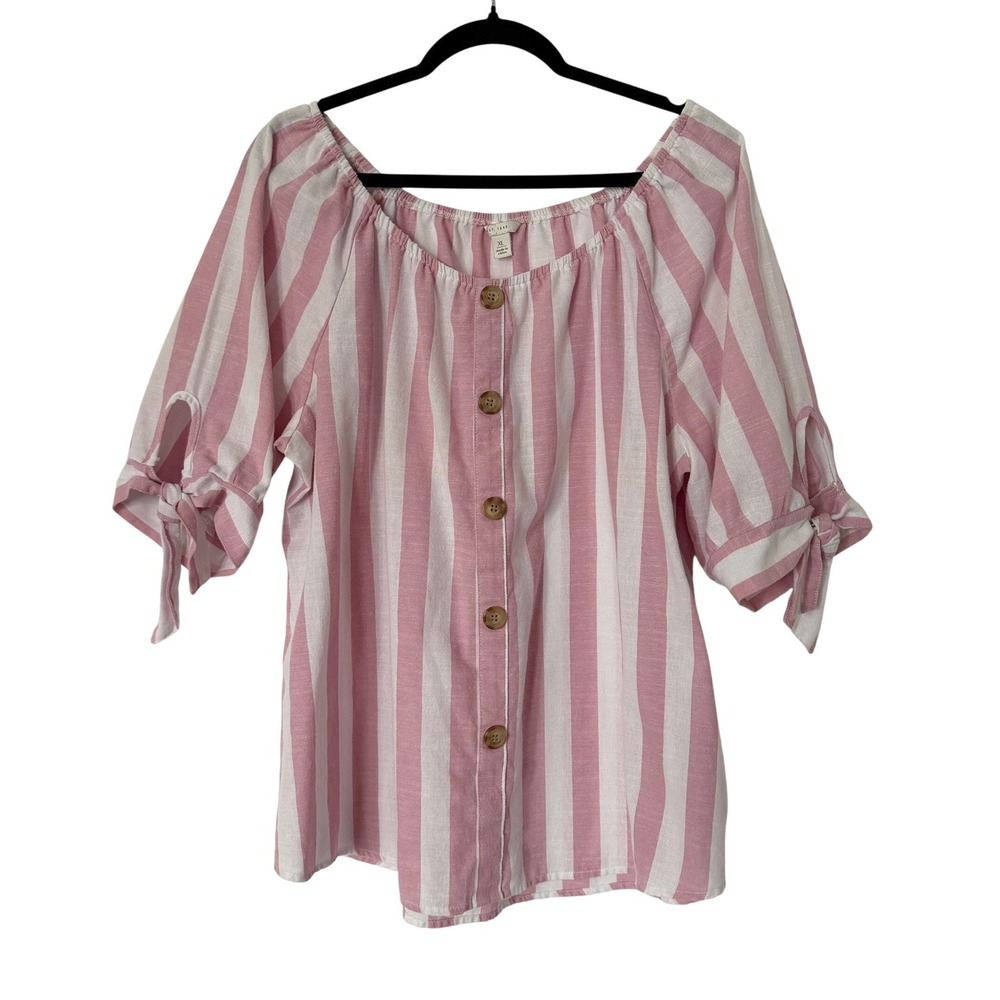 Est. 1946 Pink Linen Top Tie Sleeve Women XL Coastal Summer Blouse